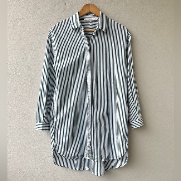 Zara | Green & White Striped Long Poplin Shirt - Picture 1 of 16